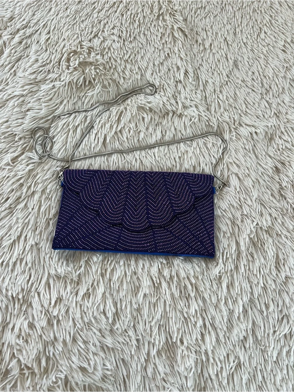 Lulu's Purple Beaded Evening Clutch with Silver Chain